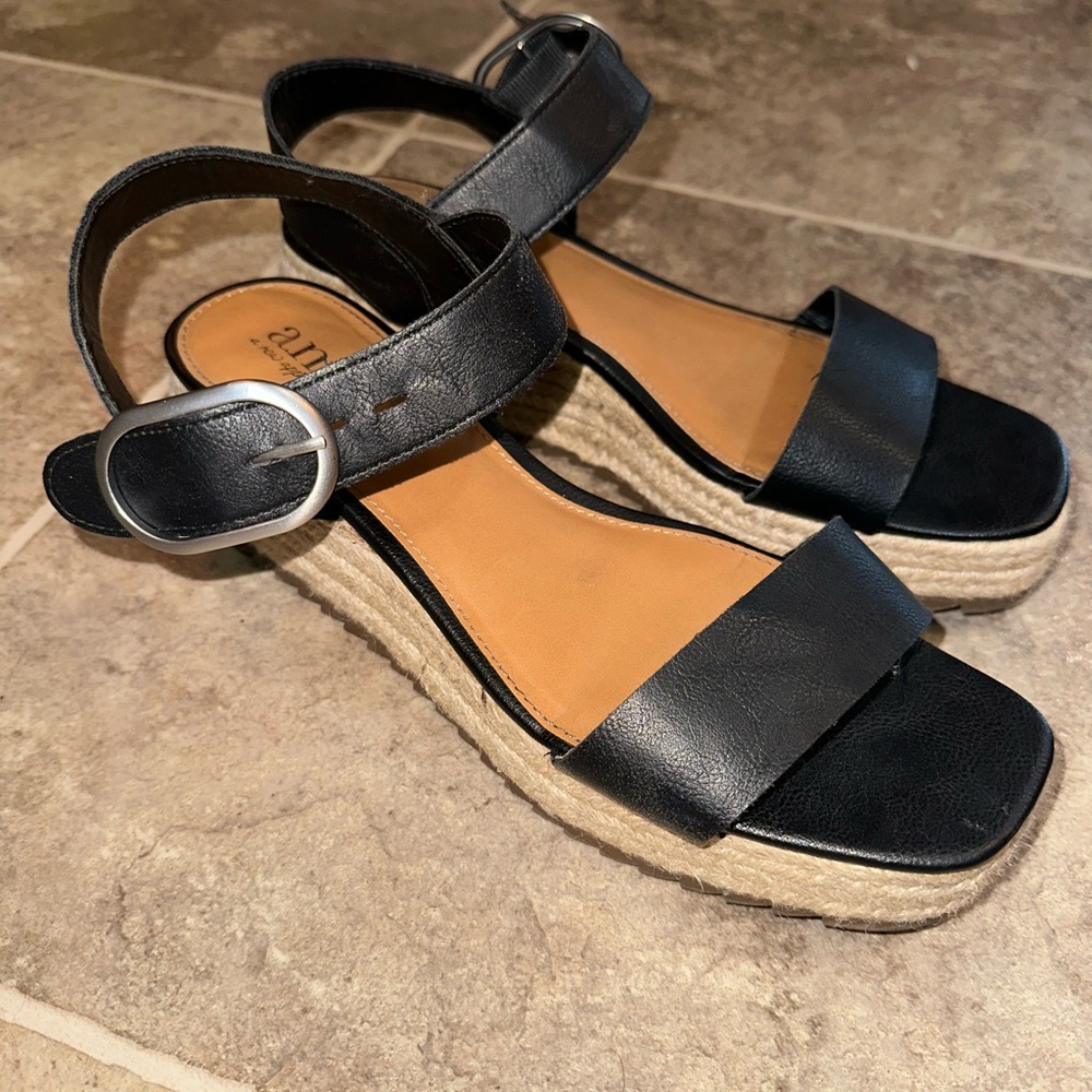 Black Leather Wedge Sandals with Ankle Strap